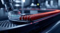 Automated laboratory equipment processing blood samples in test tubes on conveyor system for medical research and diagnostics in modern facility.