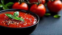 Fresh homemade tomato soup garnished with basil leaves and black pepper in black ceramic bowl, with ripe tomatoes in background on dark surface.