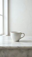 Minimalist white ceramic coffee cup on marble table near window with natural light creating soft shadows and peaceful morning atmosphere.