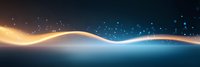Glowing wave line with sparkling particles flowing on dark background, abstract light effect with blue and golden colors creates magical atmosphere.