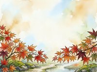 Watercolor autumn landscape with vibrant red and orange maple leaves framing serene river scene, ideal for seasonal designs and fall-themed projects.