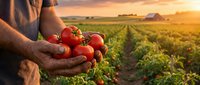 Farmer holding fresh ripe tomatoes in cupped hands at sunset over agricultural field. Organic farming and harvest concept for healthy food production.