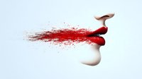 Side profile of red lips with paint splash effect against white background, artistic makeup concept showing motion and transformation in contemporary beauty art.