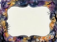 Watercolor Halloween frame with bats, pumpkins, ghosts, and spooky trees on a night sky background, with blank center space for text or design.