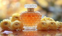 Elegant glass perfume bottle with ornate honeycomb pattern surrounded by delicate yellow ranunculus flowers on reflective surface against soft bokeh background.