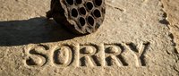 Word SORRY carved in sandy stone surface beside a dry lotus seed pod, conveying apology, regret, and forgiveness concepts in natural setting.