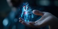Glowing blue hologram of human anatomy floating above open palm against dark background with heart highlighted in red, medical technology concept.