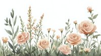 Delicate peach roses with sage green leaves and wildflowers create a romantic border pattern on white background, suitable for wedding stationery and floral designs.