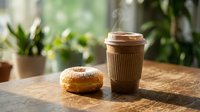Glazed donut and takeaway coffee cup on wooden table with potted plants in soft-focus background, suitable for cafe, bakery, and food and beverage marketing materials.