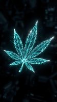 Glowing neon cannabis leaf with electric blue light effects on dark background for digital art and modern design projects.