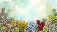 Watercolor succulent garden border with pastel tones featuring various echeveria and jade plants in soft yellows, blues, reds and greens. Ideal for botanical designs.
