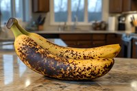 Ripe spotted bananas on marble kitchen counter showing natural aging process, brown speckled fruit in warm morning light through window, home cooking setting.