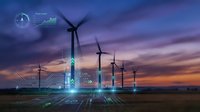 Wind turbines with digital technology overlay at sunset showcasing renewable energy and smart grid innovation for sustainable power generation concepts.