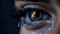 Extreme macro shot of human eye with bright blue iris and orange reflection, long eyelashes and water drops on skin, showing intricate eye details in dark setting.