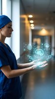 Female surgeon in blue scrubs using futuristic holographic medical technology interface with brain and DNA data visualization in modern hospital corridor.