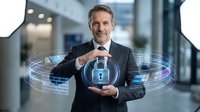 Confident middle-aged Caucasian businessman in dark suit presenting cybersecurity technology with glowing digital lock hologram in modern corporate office environment.
