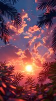 Dramatic sunset sky with glowing orange clouds framed by silhouetted palm fronds, creating tropical paradise atmosphere. Vibrant purple and pink colors illuminate evening scene.