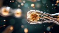 Glowing energy sphere flowing through transparent tube with light particles and bokeh effect against dark background, futuristic science concept.