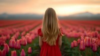 Young woman with long blonde hair in red dress standing in blooming tulip field at sunset, view from behind. Pink flowers stretch to horizon under golden sky.