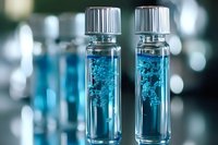 Glass vials with bright blue liquid and crystalline formations inside on blurred laboratory background, scientific research concept for chemistry and pharmaceuticals.