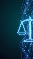 Glowing blue scales of justice with flowing light waves on dark background for legal technology and digital law concepts.