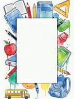 Watercolor school supplies frame with blank white space for text. Books, pencils, apple, backpack, ruler and bus create colorful educational border.