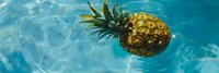 Fresh pineapple floating in crystal clear turquoise swimming pool water with rippling surface reflections and natural sunlight creating summer vacation mood.