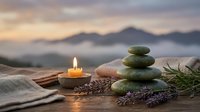 Zen spa stones balanced with burning candle and lavender flowers against mountain sunset backdrop creating peaceful meditation atmosphere.
