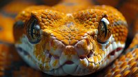 Extreme close up macro shot of orange gecko face with detailed scales and piercing eyes looking directly at camera, showing intricate reptilian features.