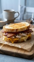 Grilled sandwich with melted cheese, crispy bacon and scrambled eggs on toasted bread served on wooden cutting board with coffee cup in background.
