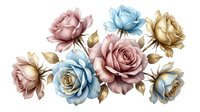Watercolor roses in dusty pink, blue and gold tones with leaves on transparent background. Floral clipart for wedding invitations, greeting cards and design.