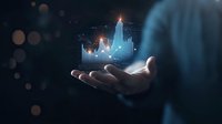 Glowing financial chart hologram floating above businessman's palm showing market growth analysis with digital technology visualization in dark room.