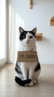 Adorable black and white domestic cat wearing cardboard sign saying I'm sorry, sitting on wooden floor in bright modern home interior for pet humor content.