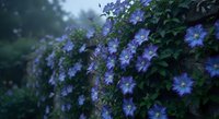 Purple morning glory flowers blooming on green vine in soft focus garden setting with natural bokeh background for botanical and nature themes.