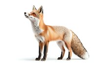 Red fox standing alert on white background, isolated wildlife illustration for nature publications, conservation materials, and educational content.