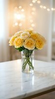Yellow roses in glass vase on marble table with warm bokeh lights creating elegant home decor atmosphere for romantic occasions and interior design.
