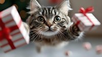 Curious tabby kitten playing with Christmas presents, peeking between gift boxes with striped wrapping paper and red ribbons during holiday season.