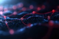 Abstract digital wave with glowing red nodes and blue particle stream on dark background, representing network connectivity and data transmission in technology visualization.
