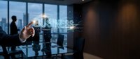 Professional businessman touching glowing business hologram interface in modern corporate office with city skyline view for digital transformation concepts.