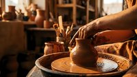 Potter hands shaping clay on spinning wheel in traditional ceramic workshop with warm lighting and artisan tools in background.