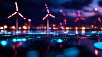 Glowing wind turbines at night with colorful bokeh lights reflecting on water surface, creating magical atmosphere for sustainable energy concept.