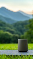 Minimalist gray ceramic cup on picnic blanket against blurred mountain landscape backdrop, green meadow and forest scenery creates serene outdoor atmosphere.