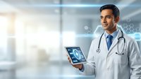 Professional male doctor in white coat holding digital tablet with medical brain scan in modern hospital setting with futuristic holographic interface elements.