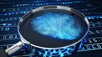 Digital fingerprint scan through magnifying glass on binary code background shows modern biometric security and identity verification technology.