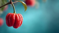 Fresh red cherry hanging on branch with green leaf against soft blue background, natural fruit photography for healthy eating and summer harvest concepts.