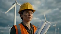 Female engineer in safety helmet holding blueprints at wind farm with turbines in background. Renewable energy professional planning sustainable power project.