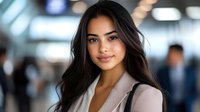 Young Asian businesswoman with long dark hair and natural makeup smiling confidently in modern office environment with blurred background and bokeh lights.