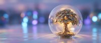Golden tree encased in transparent glass sphere on reflective surface with colorful bokeh lights background for environmental protection concepts.