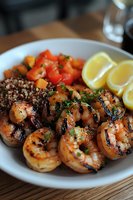 Grilled shrimp with quinoa, fresh tomato salad and lemon wedges served on white plate. Succulent seafood garnished with fresh herbs and char marks from grilling.