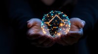 Glowing digital house hologram sphere floating above cupped hands against dark background, symbolizing smart home technology and real estate innovation.